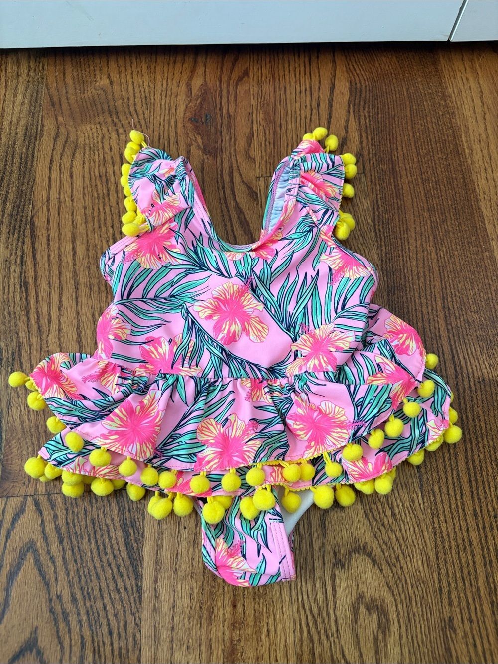 Nicole Miller Pink Tropical Floral Baby Swimsuit with Yellow Pom Trim Size 18M
